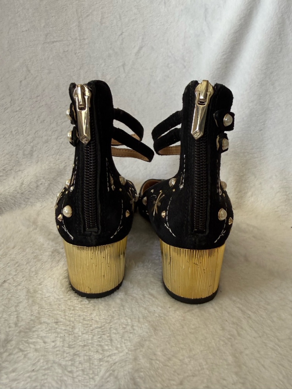 Sam Edelman Lucien Embroidered Pearl Stud Ankle Strap Block Heel Pumps - Picture 5 of 7